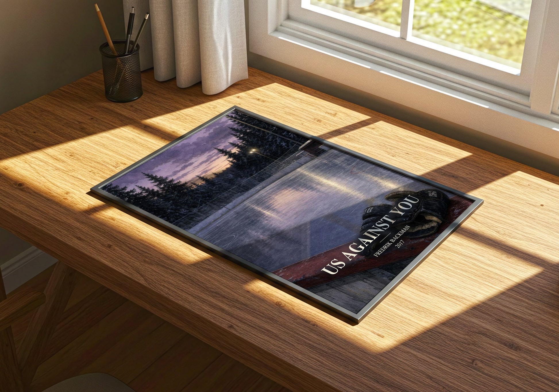 Us Against You watercolour book poster framed on wall – contemporary fiction wall art
