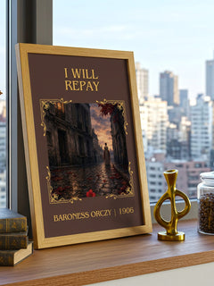 I Will Repay Classic Book Art Print by Baroness Orczy – framed print on a city-view windowsill