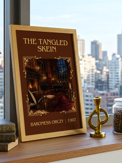 The Tangled Skein Classic Book Art Print by Baroness Orczy – framed print on a city-view windowsill