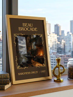 Beau Brocade Classic Book Art Print by Baroness Orczy – framed print on a city-view windowsill