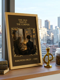The Old Man In The Corner Classic Book Art Print by Baroness Orczy – framed print on a city-view windowsill