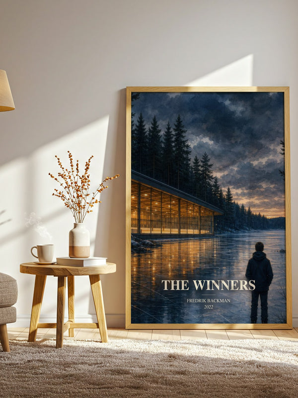 The Winners watercolour print in frame leaning in hallway – literary fiction wall art