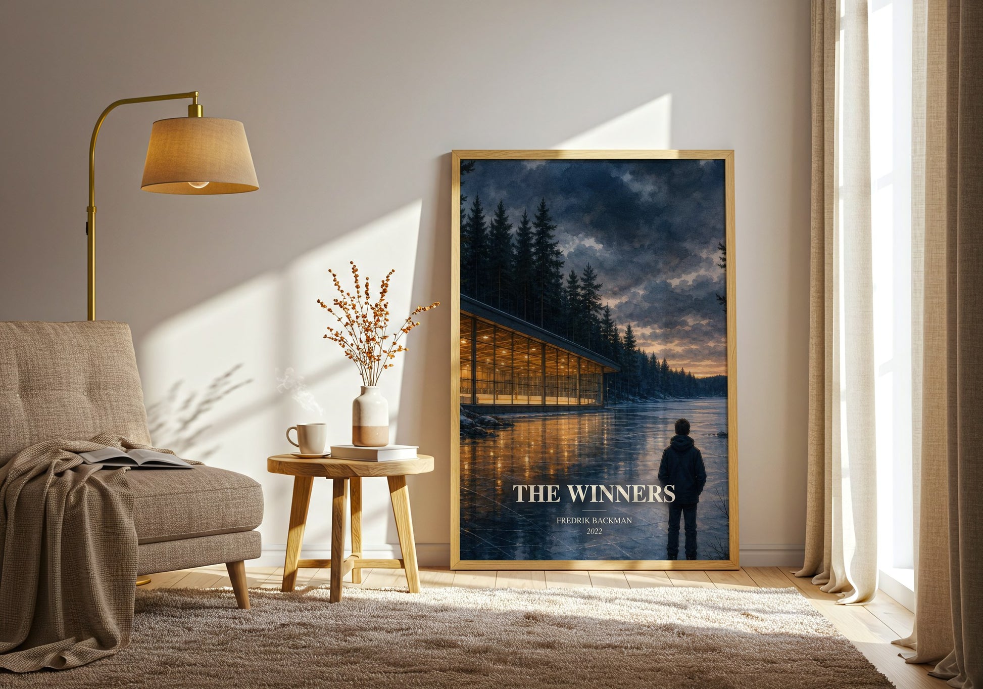 The Winners watercolour print in frame leaning in hallway – literary fiction wall art