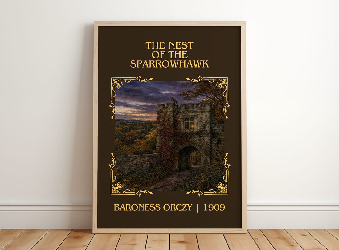 The Nest Of The Sparrowhawk Classic Book Art Print by Baroness Orczy – framed print leaning on a wooden floor