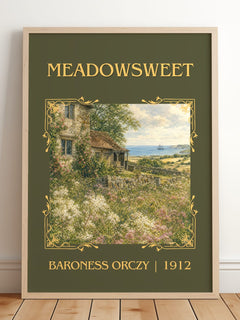 Meadowsweet Classic Book Art Print by Baroness Orczy – framed print leaning on a wooden floor