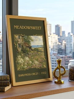 Meadowsweet Classic Book Art Print by Baroness Orczy – framed print on a city-view windowsill