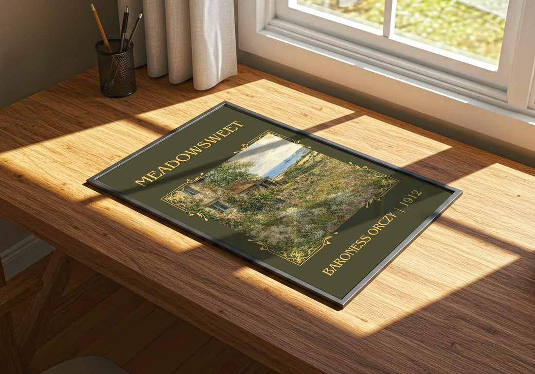 Meadowsweet Classic Book Art Print by Baroness Orczy – print on a sunlit desk