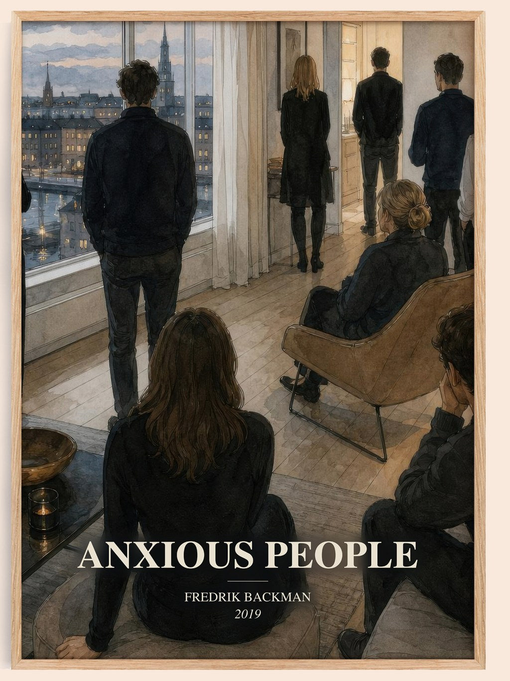 Anxious People watercolour book poster by Fredrik Backman – framed literary art print