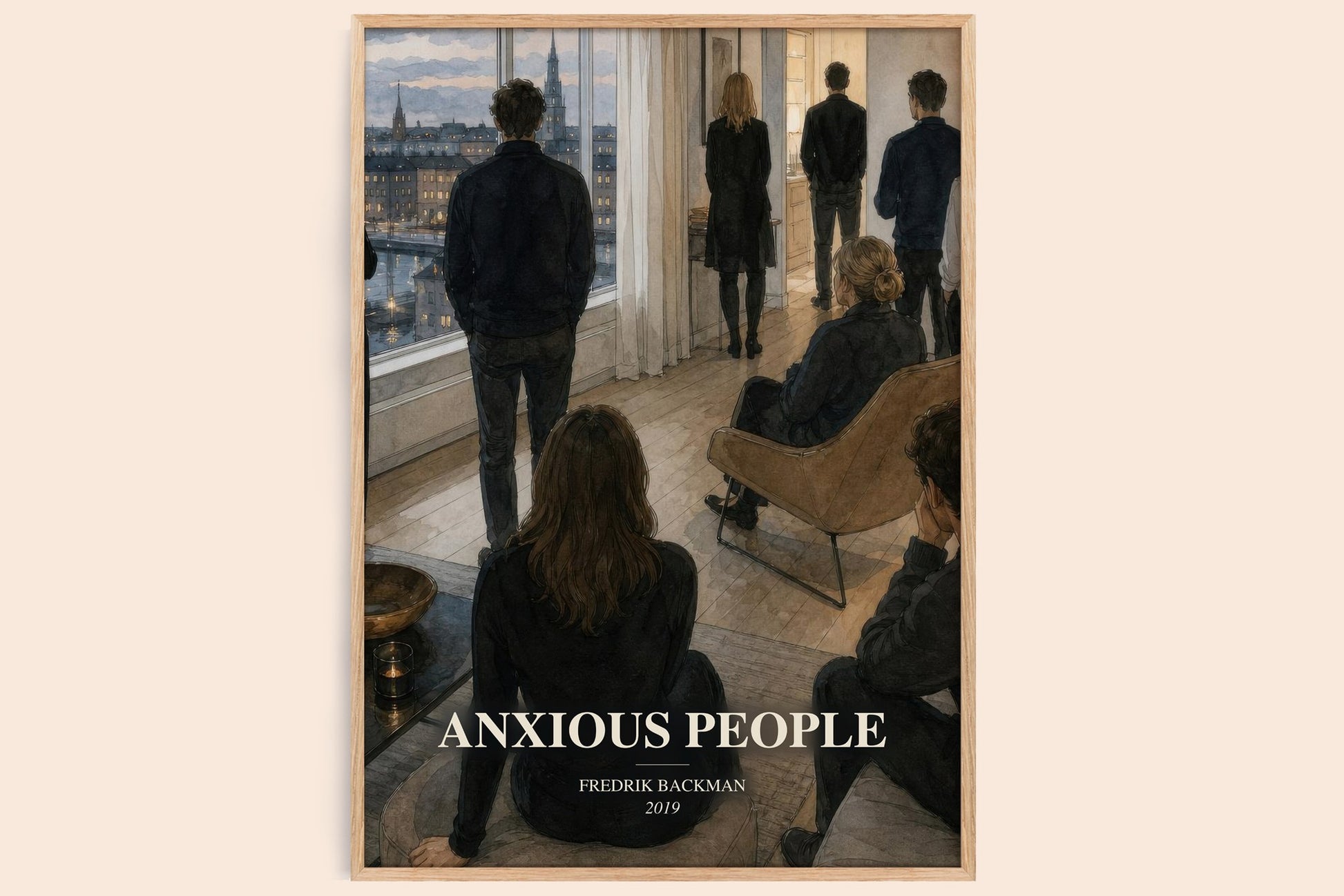 Anxious People watercolour book poster by Fredrik Backman – framed literary art print
