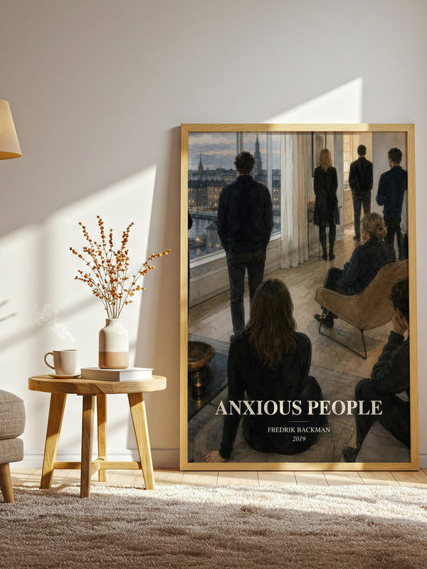 Anxious People watercolour print in frame leaning in hallway – contemporary fiction wall art