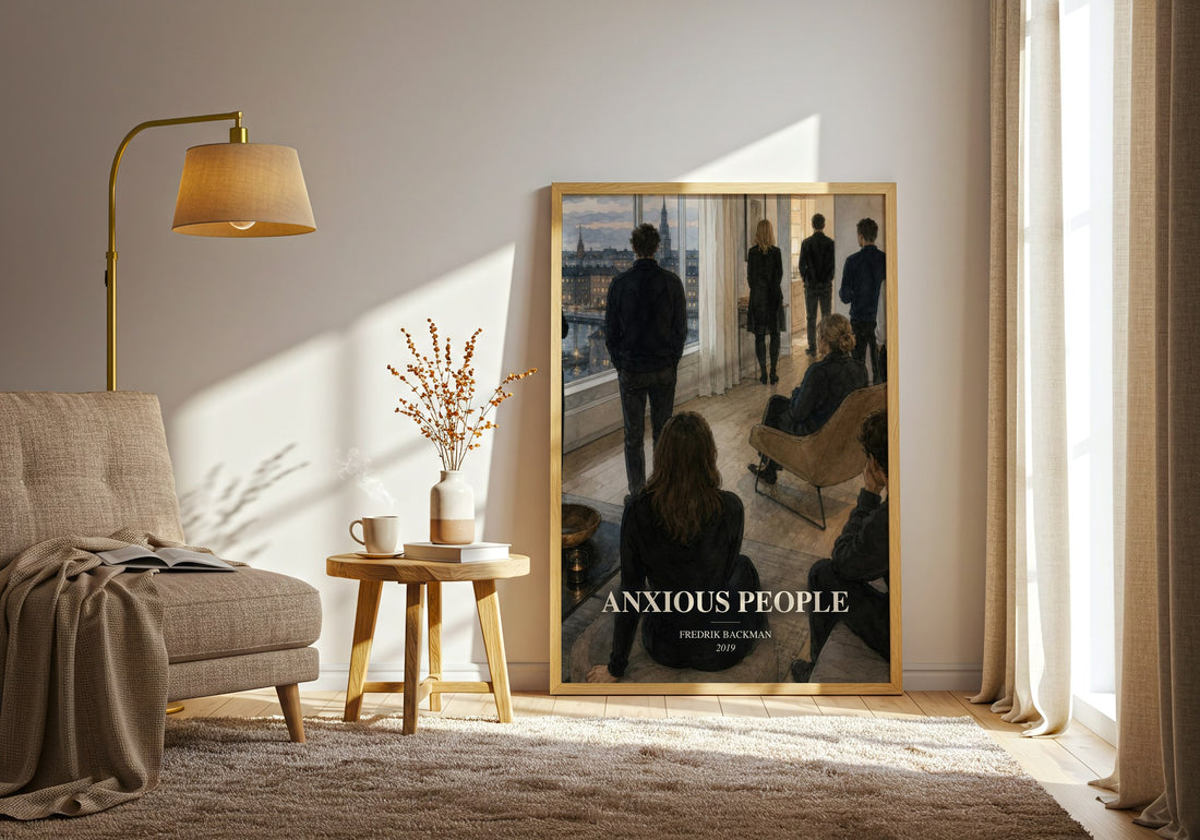 Anxious People watercolour print in frame leaning in hallway – contemporary fiction wall art (mockup)