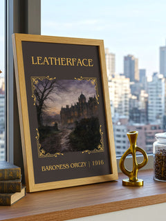 Leatherface Classic Book Art Print by Baroness Orczy – framed print on a city-view windowsill