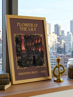 Flower O' The Lily Classic Book Art Print by Baroness Orczy – framed print on a city-view windowsill
