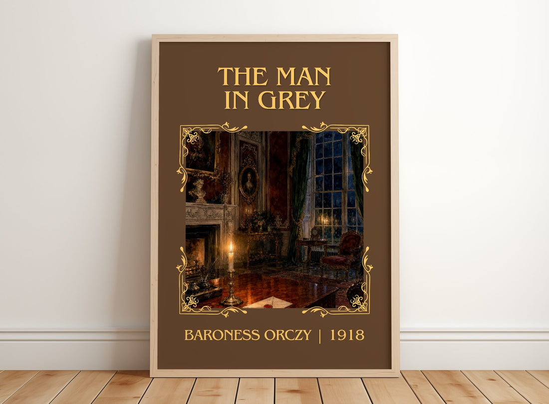 The Man In Grey Classic Book Art Print by Baroness Orczy – framed print leaning on a wooden floor