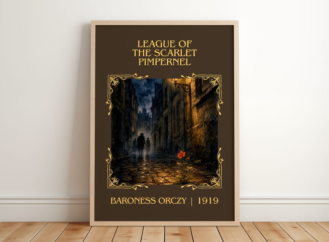 League Of The Scarlet Pimpernel Classic Book Art Print by B. Orczy – framed print leaning on a wooden floor