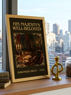 His Majesty'S Well-Beloved Classic Book Art Print by Baroness Orczy – framed print on a city-view windowsill