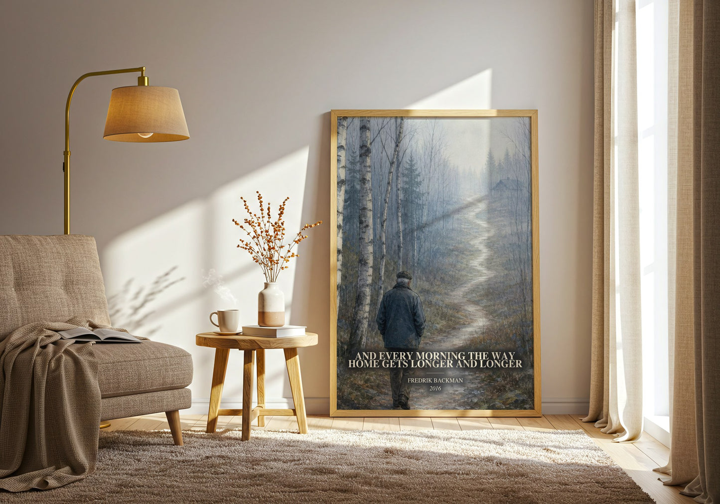 And Every Morning The Way Home Gets Longer And Longer watercolour print in frame leaning in hallway – literary fiction wall