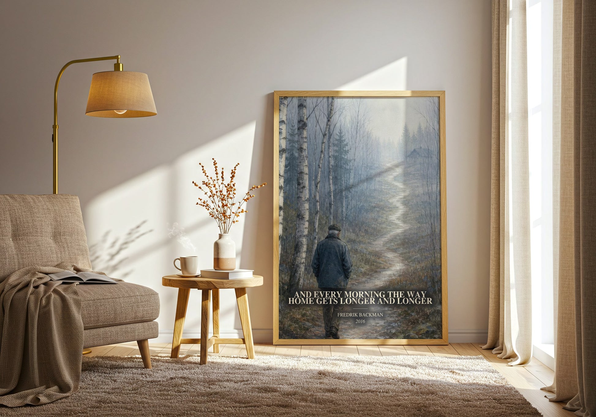 And Every Morning The Way Home Gets Longer And Longer watercolour print in frame leaning in hallway – literary fiction wall