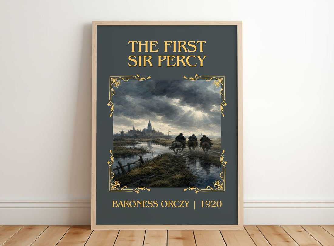 The First Sir Percy Classic Book Art Print by Baroness Orczy – framed print leaning on a wooden floor