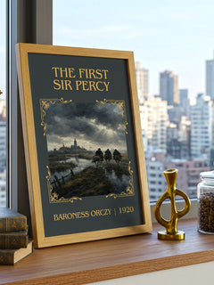 The First Sir Percy Classic Book Art Print by Baroness Orczy – framed print on a city-view windowsill