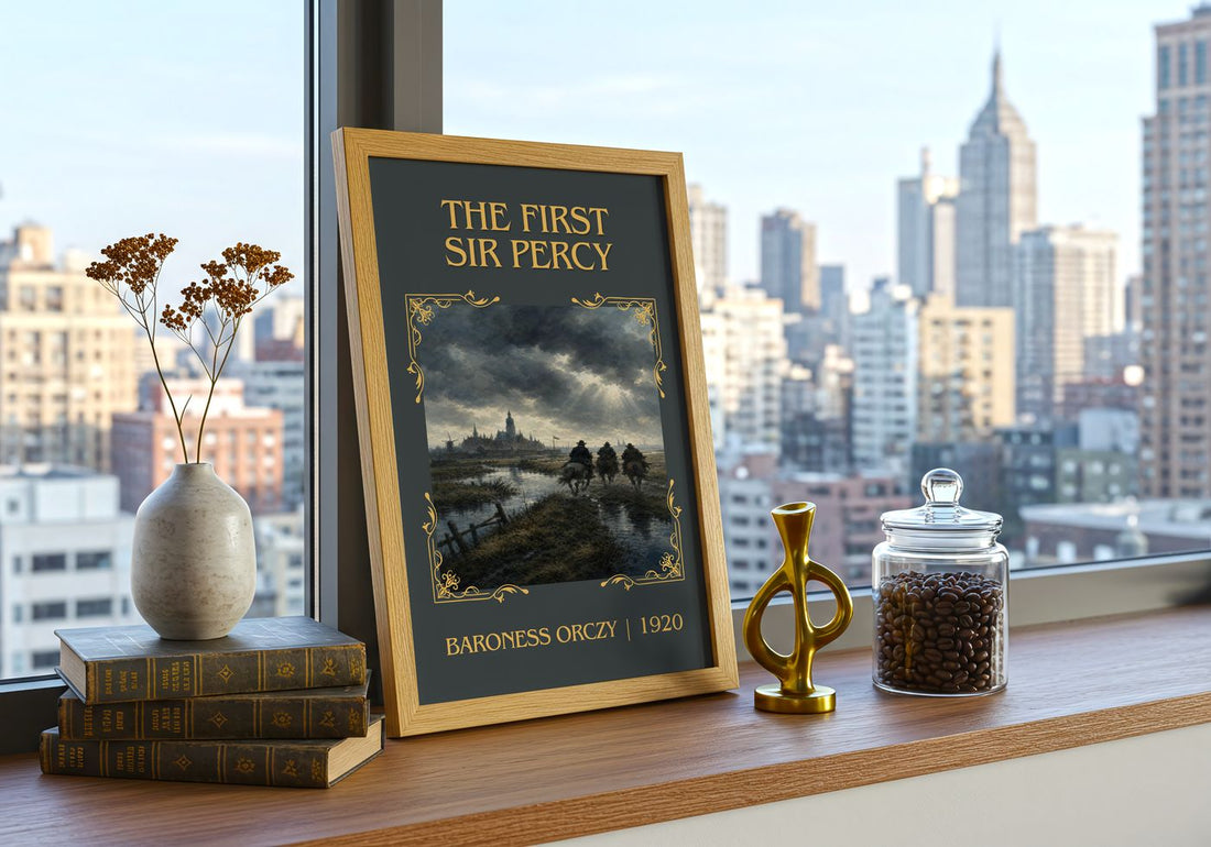 The First Sir Percy Classic Book Art Print by Baroness Orczy – framed print on a city-view windowsill