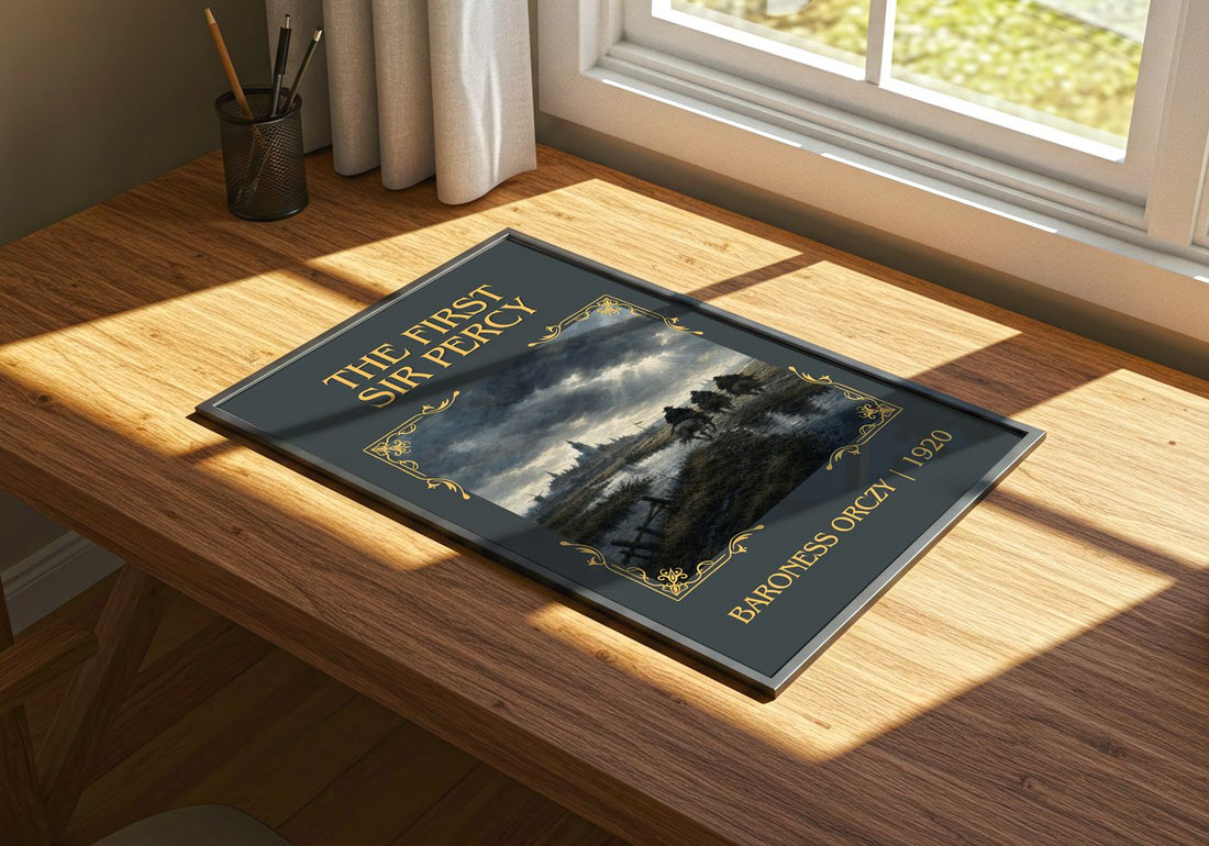 The First Sir Percy Classic Book Art Print by Baroness Orczy – print on a sunlit desk
