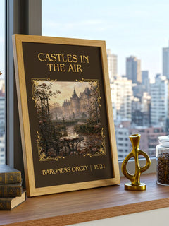 Castles In The Air Classic Book Art Print by Baroness Orczy – framed print on a city-view windowsill