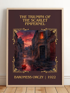 Triumph Of The Scarlet Pimpernel Classic Book Art Print by B. Orczy – framed print leaning on a wooden floor