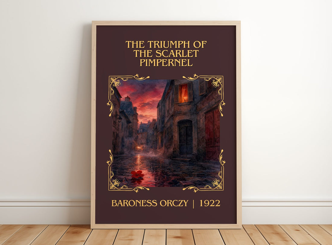 Triumph Of The Scarlet Pimpernel Classic Book Art Print by B. Orczy – framed print leaning on a wooden floor