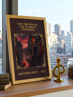 Triumph Of The Scarlet Pimpernel Classic Book Art Print by B. Orczy – framed print on a city-view windowsill