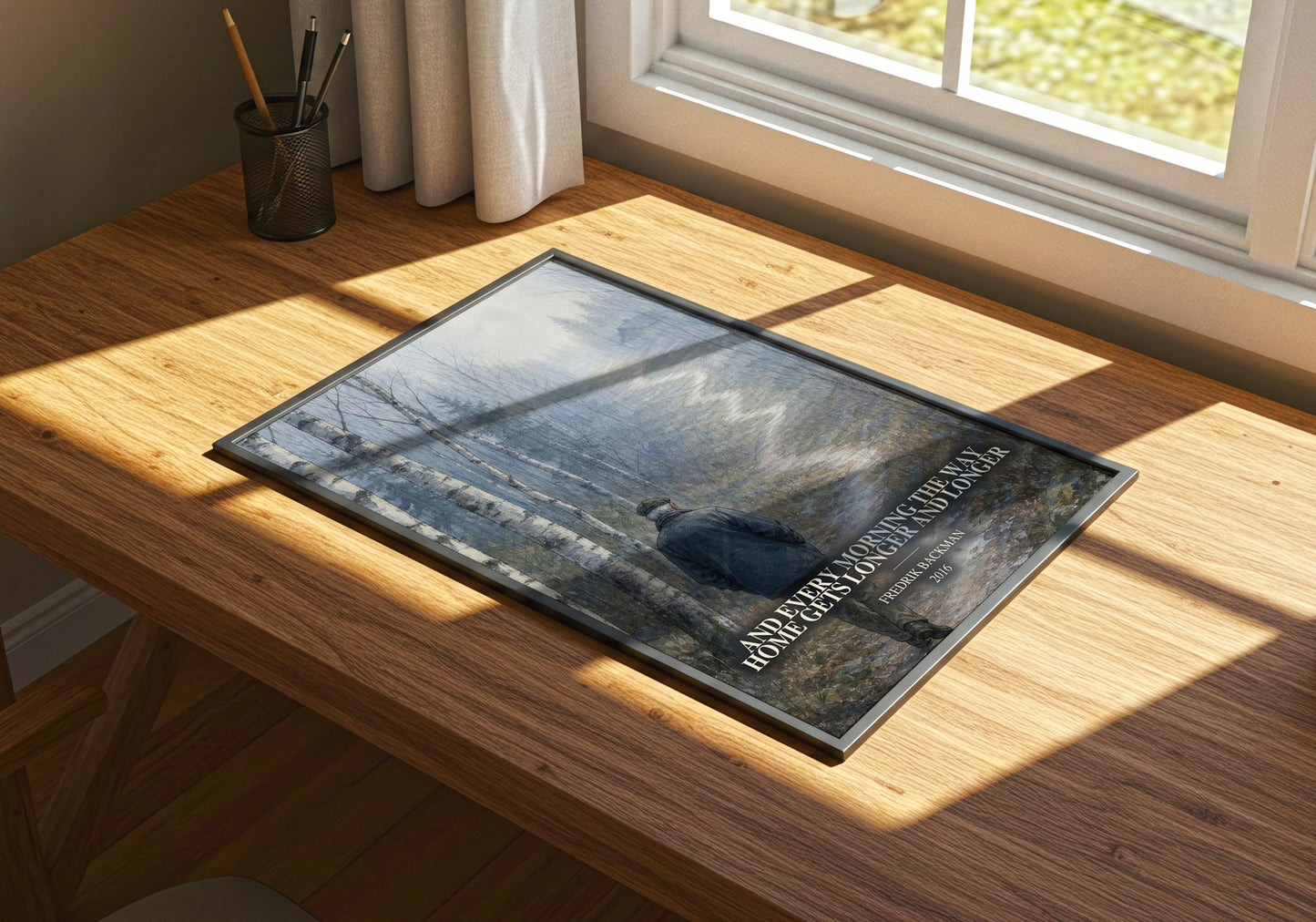 And Every Morning The Way Home Gets Longer And Longer watercolour book poster framed on wall – literary fiction wall art