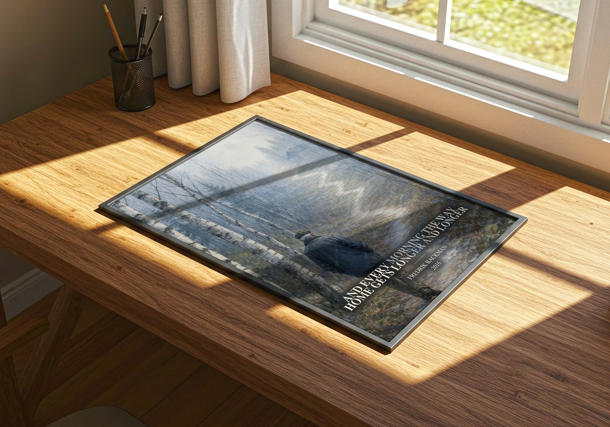 And Every Morning The Way Home Gets Longer And Longer watercolour book poster framed on wall – literary fiction wall art