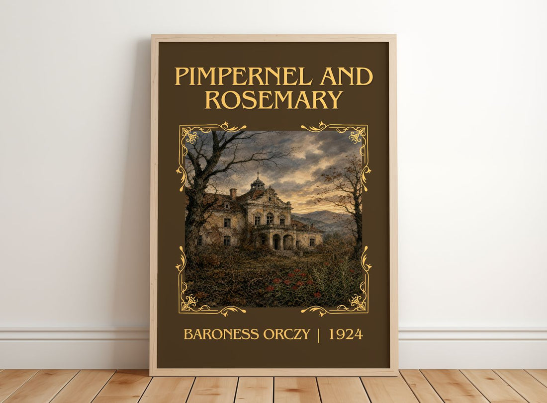 Pimpernel And Rosemary Classic Book Art Print by Baroness Orczy – framed print leaning on a wooden floor
