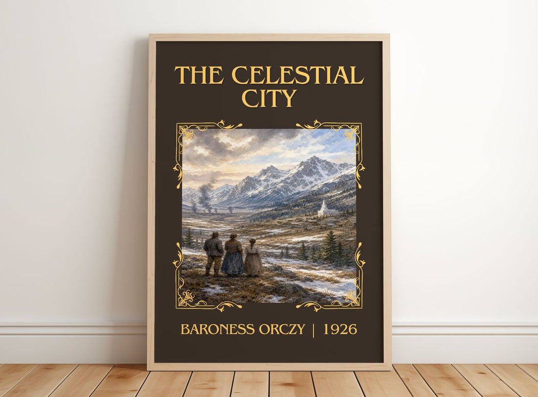 The Celestial City Classic Book Art Print by Baroness Orczy – framed print leaning on a wooden floor