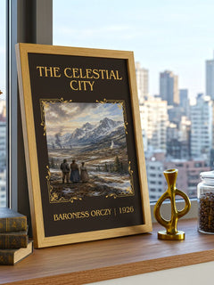The Celestial City Classic Book Art Print by Baroness Orczy – framed print on a city-view windowsill