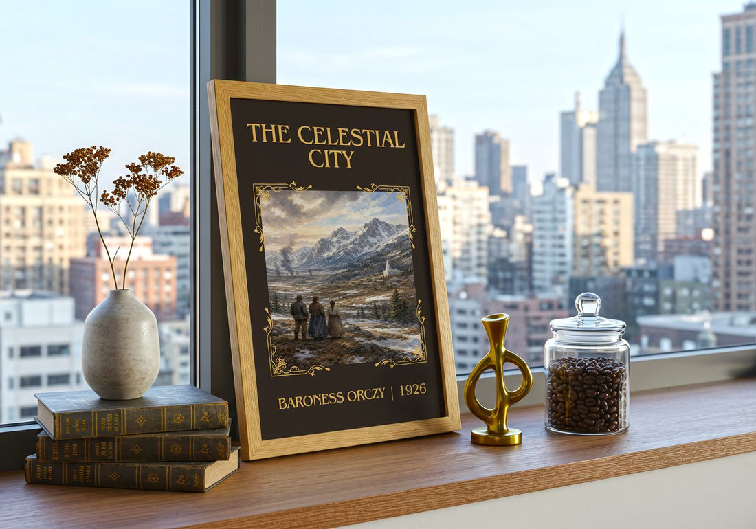 The Celestial City Classic Book Art Print by Baroness Orczy – framed print on a city-view windowsill