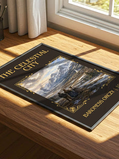 The Celestial City Classic Book Art Print by Baroness Orczy – print on a sunlit desk