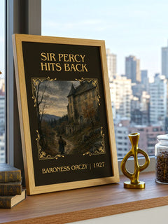 Sir Percy Hits Back Classic Book Art Print by Baroness Orczy – framed print on a city-view windowsill
