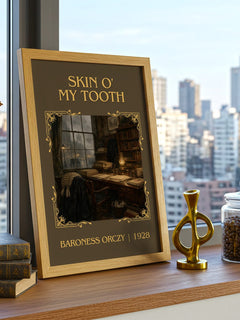Skin O' My Tooth Classic Book Art Print by Baroness Orczy – framed print on a city-view windowsill