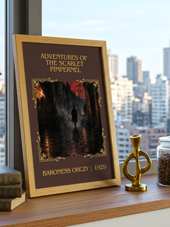 Adventures Of The Scarlet Pimpernel Classic Book Art Print by B. Orczy – framed print on a city-view windowsill