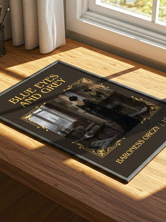 Blue Eyes And Grey Classic Book Art Print by Baroness Orczy – print on a sunlit desk