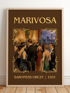 Marivosa Classic Book Art Print by Baroness Orczy – framed print leaning on a wooden floor