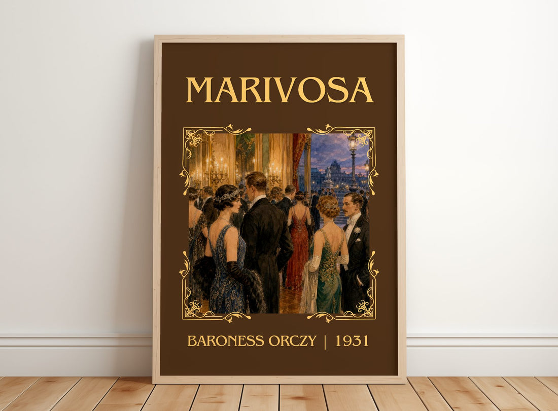 Marivosa Classic Book Art Print by Baroness Orczy – framed print leaning on a wooden floor