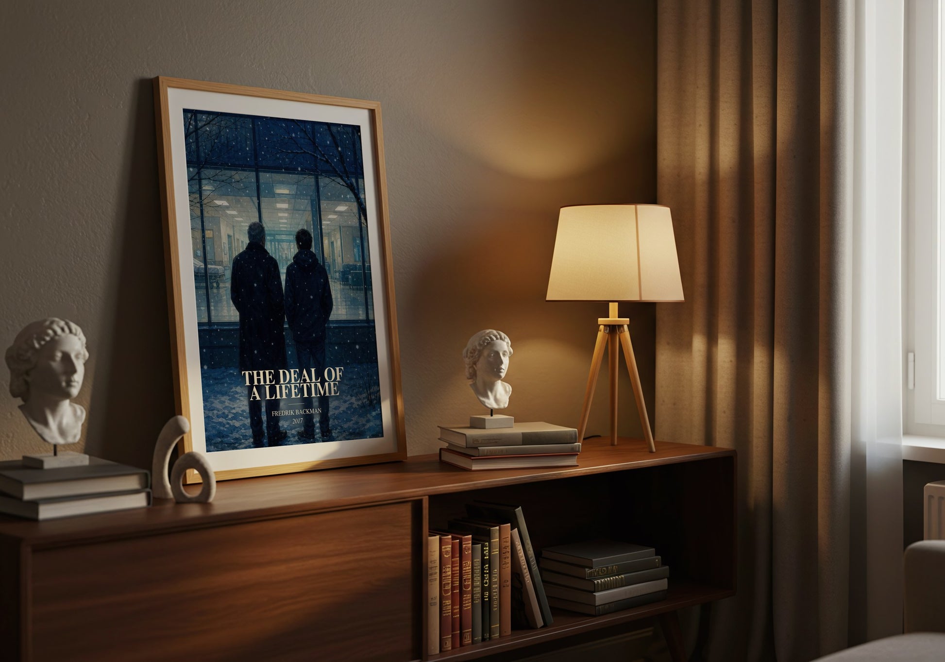 The Deal Of A Lifetime watercolour print on bookshelf – Fredrik Backman fan gift
