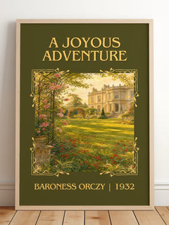 A Joyous Adventure Classic Book Art Print by Baroness Orczy – framed print leaning on a wooden floor