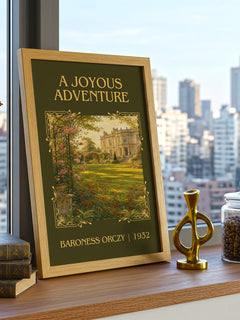 A Joyous Adventure Classic Book Art Print by Baroness Orczy – framed print on a city-view windowsill