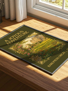 A Joyous Adventure Classic Book Art Print by Baroness Orczy – print on a sunlit desk