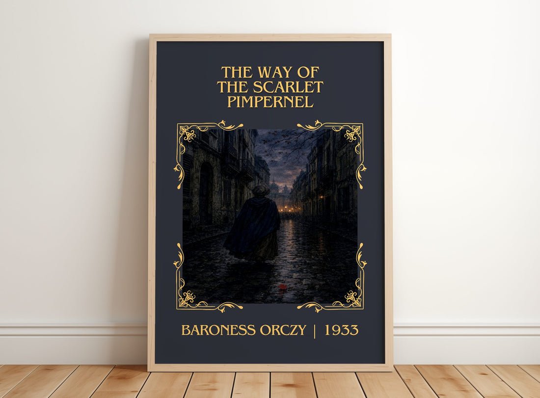 Way Of The Scarlet Pimpernel Classic Book Art Print by Baroness Orczy – framed print leaning on a wooden floor