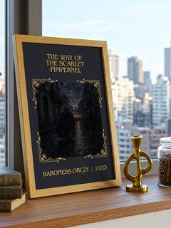 Way Of The Scarlet Pimpernel Classic Book Art Print by Baroness Orczy – framed print on a city-view windowsill
