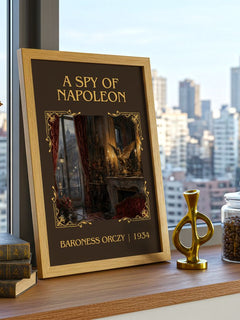 A Spy Of Napoleon Classic Book Art Print by Baroness Orczy – framed print on a city-view windowsill
